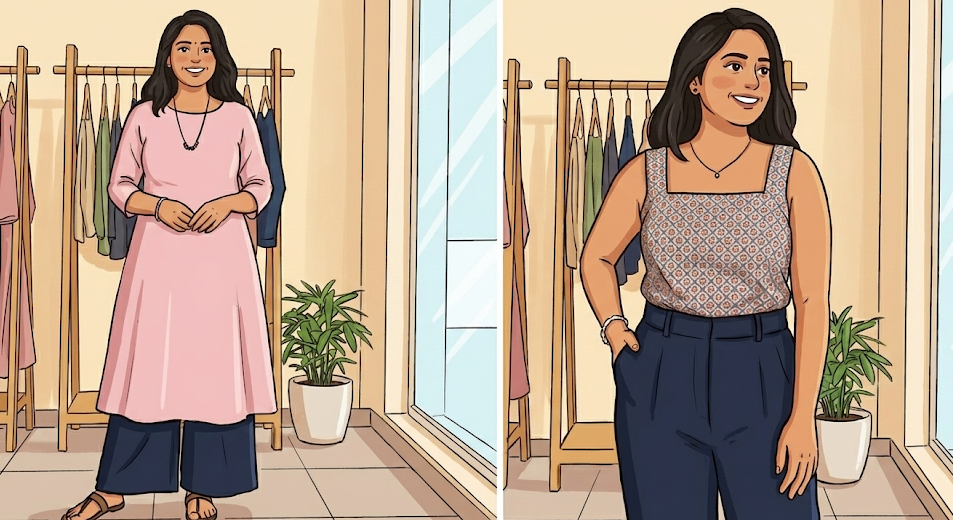 Fashion illustration of a Pear-shaped Indian woman wearing a pastel A-line kurti with a square neckline and dark straight-cut palazzo pants to create upper-body balance.